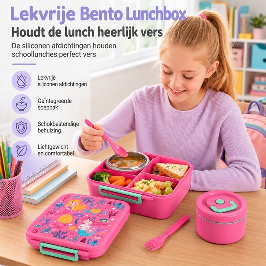 🍱🎒 -50% KORTING! 🥪Lekvrije Voedselveilige Bento Lunchbox Set voor Kinderen met Soepkom – 4-Vaks Lunchtrommel voor Scholieren