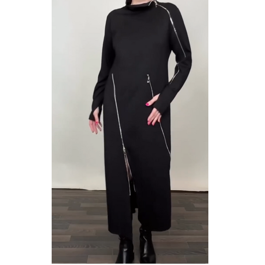 Robe Maxi Longue Tendance de Couleur Unie avec Trois Fermetures Éclair pour Femmes