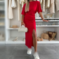 💕Katoenen midi-jurk met korte mouwen en split