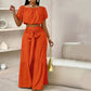 💥Vrouwen 2-delige Set: Off-shoulder Top met Pofmouwen en Wijd-pijpen Broek