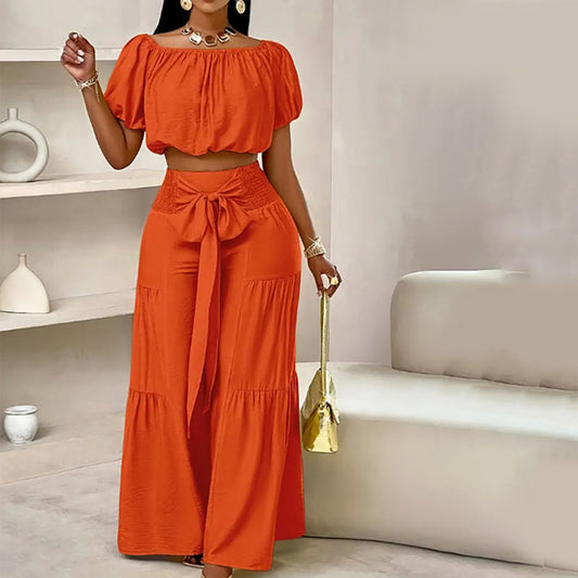 💥Vrouwen 2-delige Set: Off-shoulder Top met Pofmouwen en Wijd-pijpen Broek