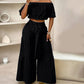 💥Vrouwen 2-delige Set: Off-shoulder Top met Pofmouwen en Wijd-pijpen Broek