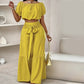 💥Vrouwen 2-delige Set: Off-shoulder Top met Pofmouwen en Wijd-pijpen Broek