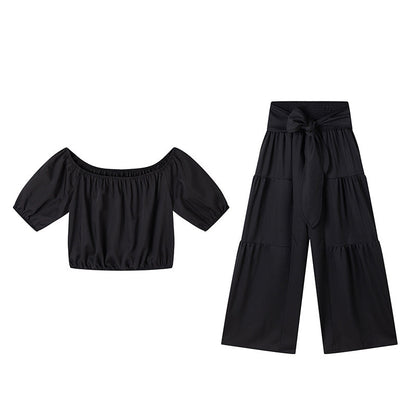 💥Vrouwen 2-delige Set: Off-shoulder Top met Pofmouwen en Wijd-pijpen Broek