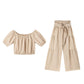💥Vrouwen 2-delige Set: Off-shoulder Top met Pofmouwen en Wijd-pijpen Broek
