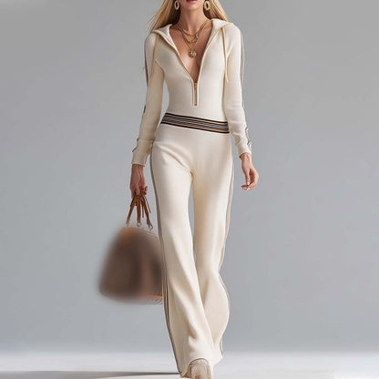 📢📢 50% korting! 🌟 Sportieve en chique jumpsuit met capuchon – V-hals, retro strepen en wijd uitlopende pijpen 💕👟