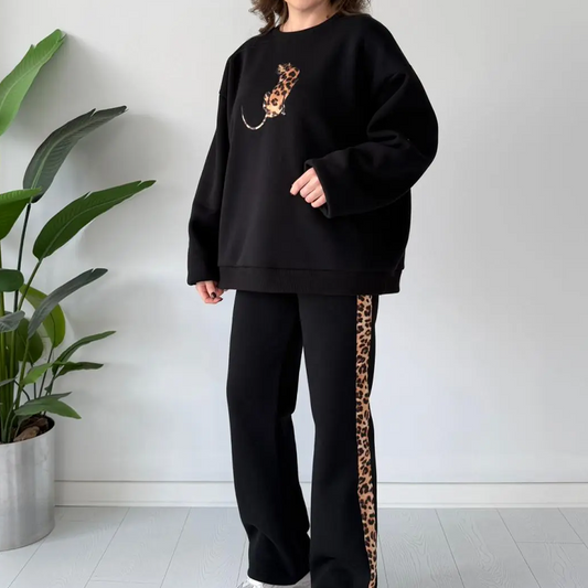 🎉Nieuwjaars Cadeau 50% KORTING!🔥Dames 2-delige Casual Set (Leopard Print Accent) – Oversized & Comfortabel: Geen Meer Outfit-Stress!