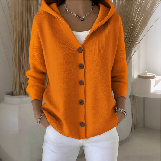 Gebreid damesvest met capuchon en knoopsluiting