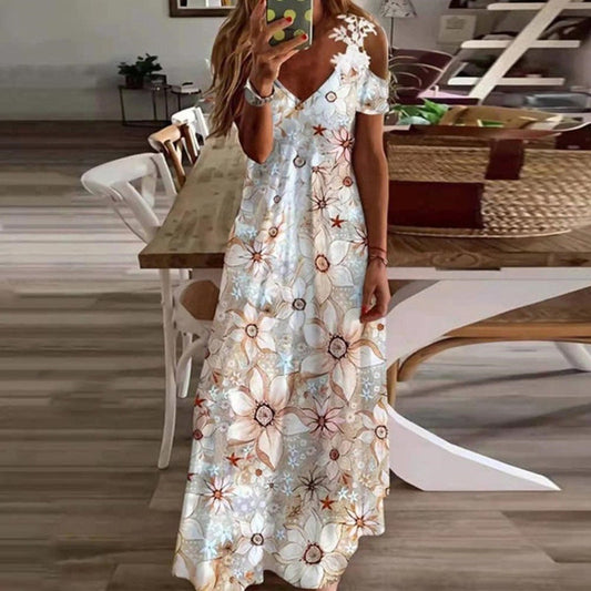 Dames maxi jurk met bloemenprint, V-hals en open schouders