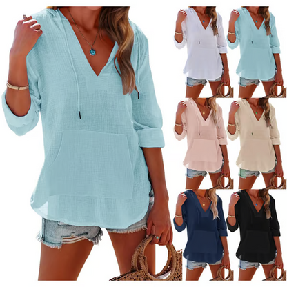 🌊ZOMER UITVERKOOP 50% KORTING 💖Dames Effen V-hals Lange Mouw Hoodie Top met Zak