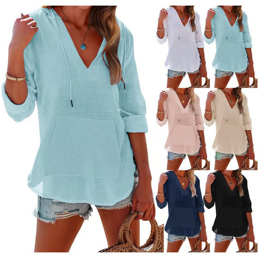 🌊ZOMER UITVERKOOP 50% KORTING 💖Dames Effen V-hals Lange Mouw Hoodie Top met Zak
