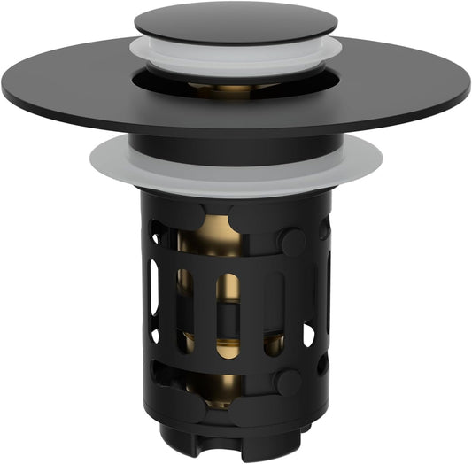 💥Tijdelijke korting!🔥Hibbent verbeterd 3-in-1-afvoerfilter voor wastafel, universele pop-up-stop, afneembare haarvanger in mandvorm van roestvrij staal, stop voor wastafel van 2,8–5,9 cm, messingpatroon, matzwart