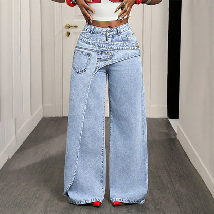⏳Tijdelijk Aanbod – Dames Asymmetrische Taille Wijde Pijp Jeans