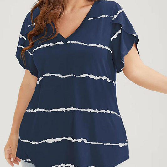 🏖️Zomerse Uitverkoop 50% KORTING🏝️👚Plus Size Gestreept Korte Mouwen V-hals T-shirt✨