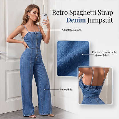 👗💙 Denim jumpsuit voor dames met spaghettibandjes en wijde pijpen – 50% KORTING! Een nonchalante stijl, het comfort van wijde pijpen, klassieke denim – je nieuwe favoriet voor warm weer. ☁️☀️