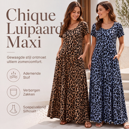 🐆 50% KORTING! 👗 Damesmaxi-jurk met luipaardprint en zakken, casual lange jurk met korte mouwen – Comfortabel