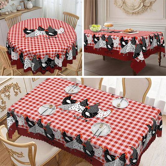 🏠 -50% ! 🐓 Tafelkleed Rode Ruiten met Haanmotief – Polyester – Vlekbestendig & Golvende Kantrand voor Rustieke Landelijke Sfeer 🧺
