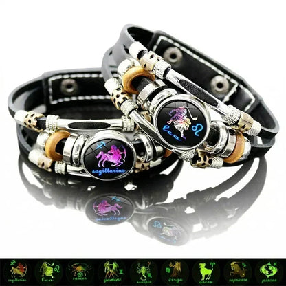 Glow-in-the-Dark-armband met 12 sterrenbeelden van leer voor mannen en vrouwen (6,9/8,1 inch）