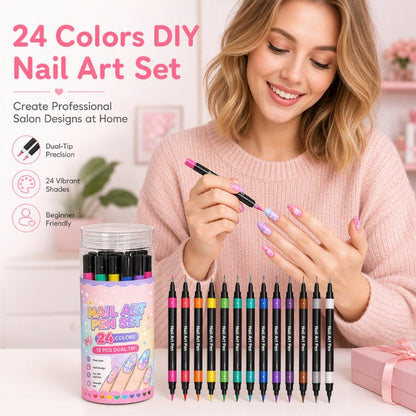 💅 FLASH PROMO: 50% KORTING! ⏰ Set van 12 Dubbelzijdige Nail Art Pennen – 24 Levendige Kleuren – Fijne Punt & Penseel voor DIY Manicure 🎨