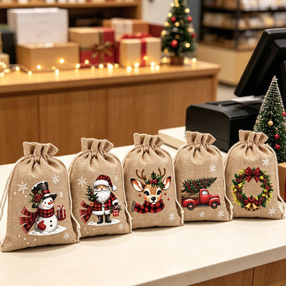 🎁 50% KORTING – KOOP 1 KRIJG 5! Kerstcadeauzakjes met Schattige Prints | Herbruikbaar & Scheurvast | Met Koordsluiting voor Snoep, Sieraden & Kleine Cadeautjes