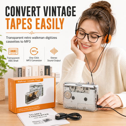 ⏳ 50% KORTING! ⏰ Transparante draagbare cassettespeler & cassette-naar-MP3-converter met USB-C