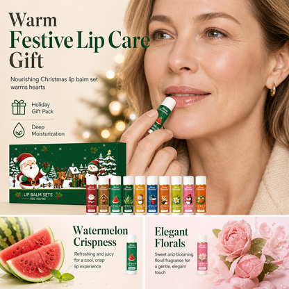 ⏳ 50% KORTING! ⏰ Kerstlippenbalsemset – 10 stuks hydraterende tubes, dubbele geur van watermeloen en bloemen, met een formule op basis van natuurlijke bijenwas – Feestelijke winterlippenverzorging, klaar om cadeau te geven 💋