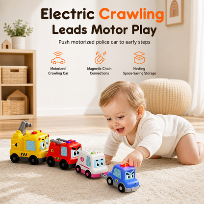 📢📢50% KORTING!! ⏰ 4-delige set magnetische elektrische speelgoedautootjes met geluid en licht: stapelbare en kruipende autootjes met stripfiguren voor baby’s en peuters