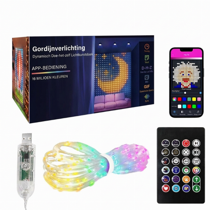 Van gewone lampjes tot een spectaculaire lichtshow! Teken patronen, voeg tekst of foto’s toe en laat de kleuren op de muziek dansen – waterdicht en werkt op USB!