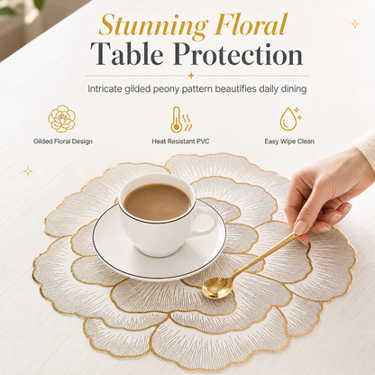 📢📢50% KORTING!! ⏰ 1 kopen, 1 gratis!! ⏰PVC-tafelmat in Scandinavische stijl met metallic pioenroosmotief, hittebestendig, antislip en waterdicht, 38 cm