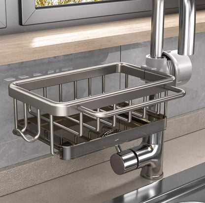 📢📢 50% KORTING🚰 Gootsteen Organizer Rek – Ophangbaar kraandroogrek met lekbak, RVS, demonteerbaar, spons-, zeep- en borstelhouder voor keuken en badkamer