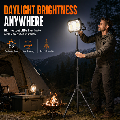 Ultrakrachtige, oplaadbare LED-kampeerlamp op zonne-energie met statief – dubbele stroomvoorziening via zonne-energie en Type-C, magnetische bevestiging en IP66-waterdichtheid voor betrouwbare verlichting, waar je ook bent ✨