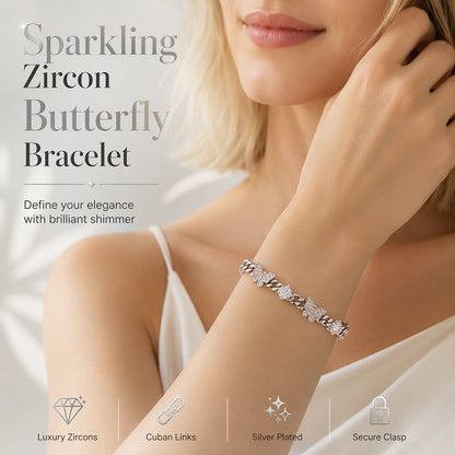 🦋 50% KORTING! ✨ Armband met vlinder-motief en Cubaanse schakels, bezet met zirkonia in pavé-stijl – AAA+ micro-pavé-steentjes op gepolijste Cubaanse schakels, meerlaagse platina-zilveren galvanisatie, dubbele veiligheidssluiting en hypoallergeen – 7,5" 💎