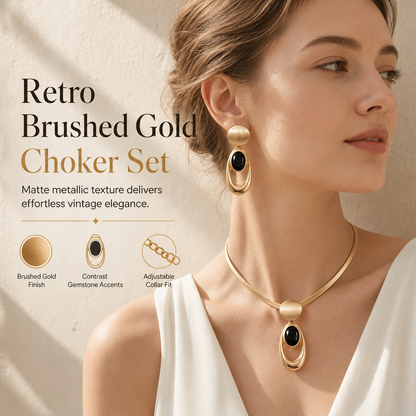 📢📢 50% KORTING✨ Vintage choker- en oorbellenset – geborstelde goudkleurige afwerking en zwarte steentjes voor elegante avonden