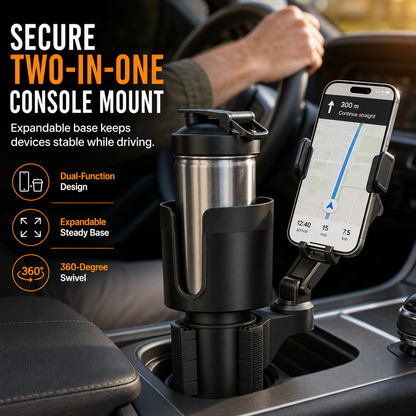 2-in-1-autobekerhouder en telefoonhouder – multifunctionele middenconsole met drankhouder en navigatiestandaard voor mobiele telefoons